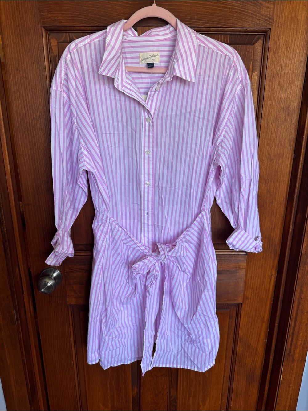 126. Universal Thread Pink and White Striped Long Sleeve Tie-Front Shirt Dress - Picture 2 of 9